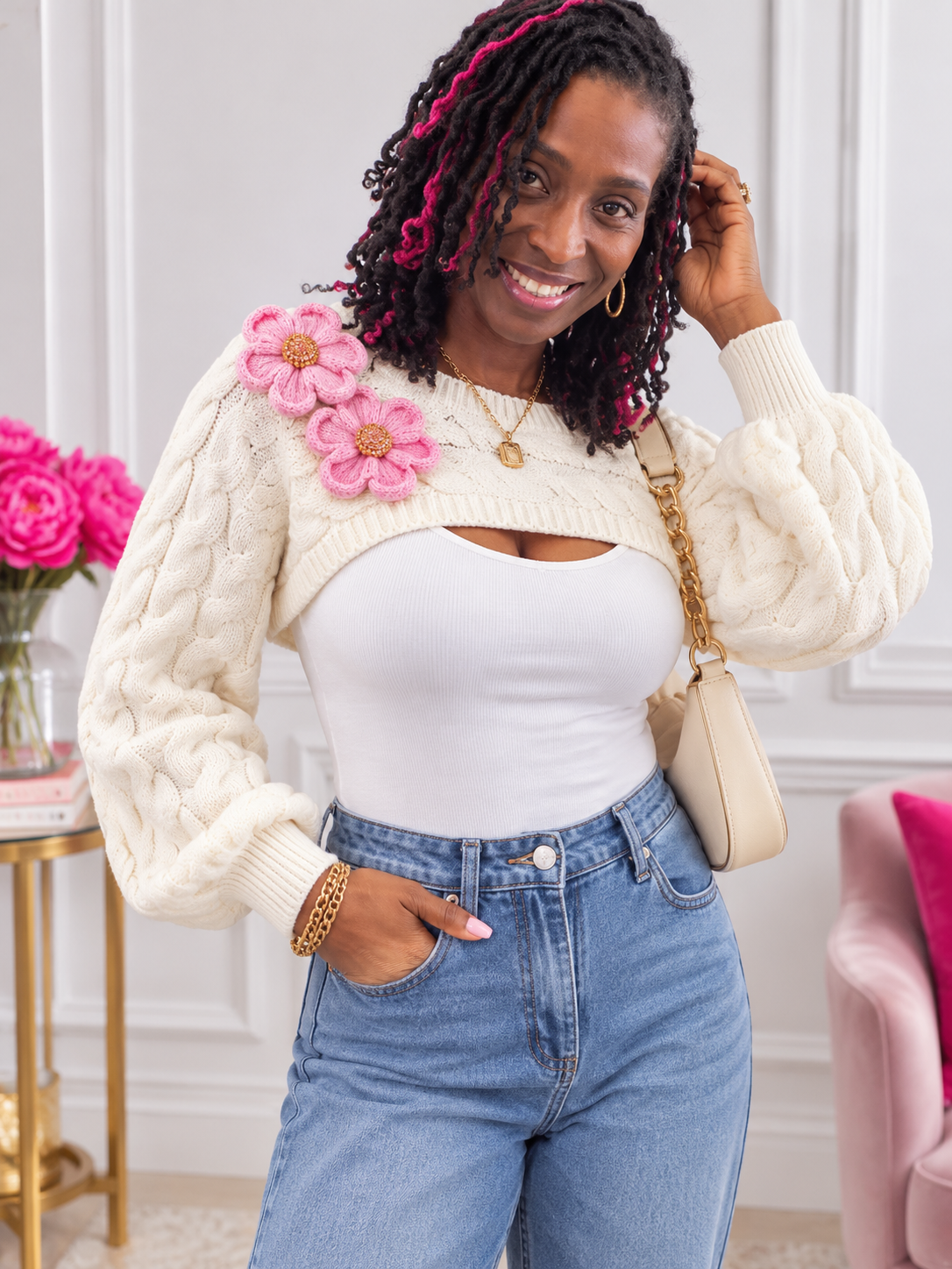 Floral Applique Cable Knit Cover Up