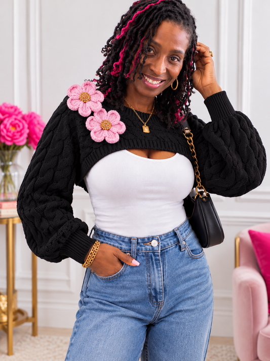Floral Applique Cable Knit Cover Up