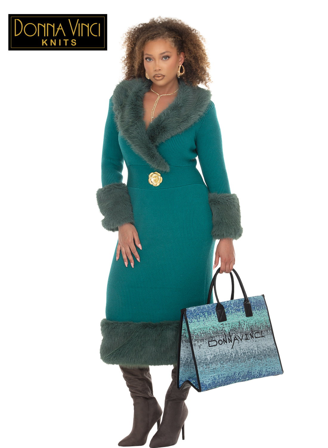 Luxe Texture Faux-Fur Knit Dress - Donna Vinci Style 13455
