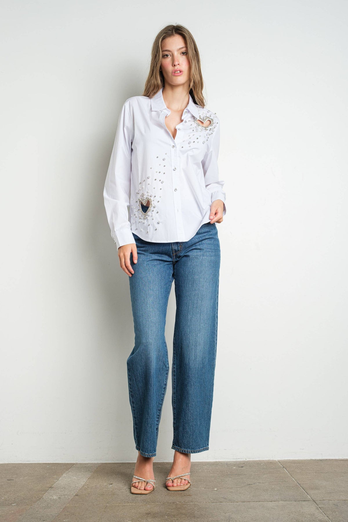 Heart Cut Out Embellished Button Down Shirt