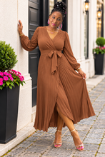 Load image into Gallery viewer, Pleated Long Sleeve Surplice Maxi Dress
