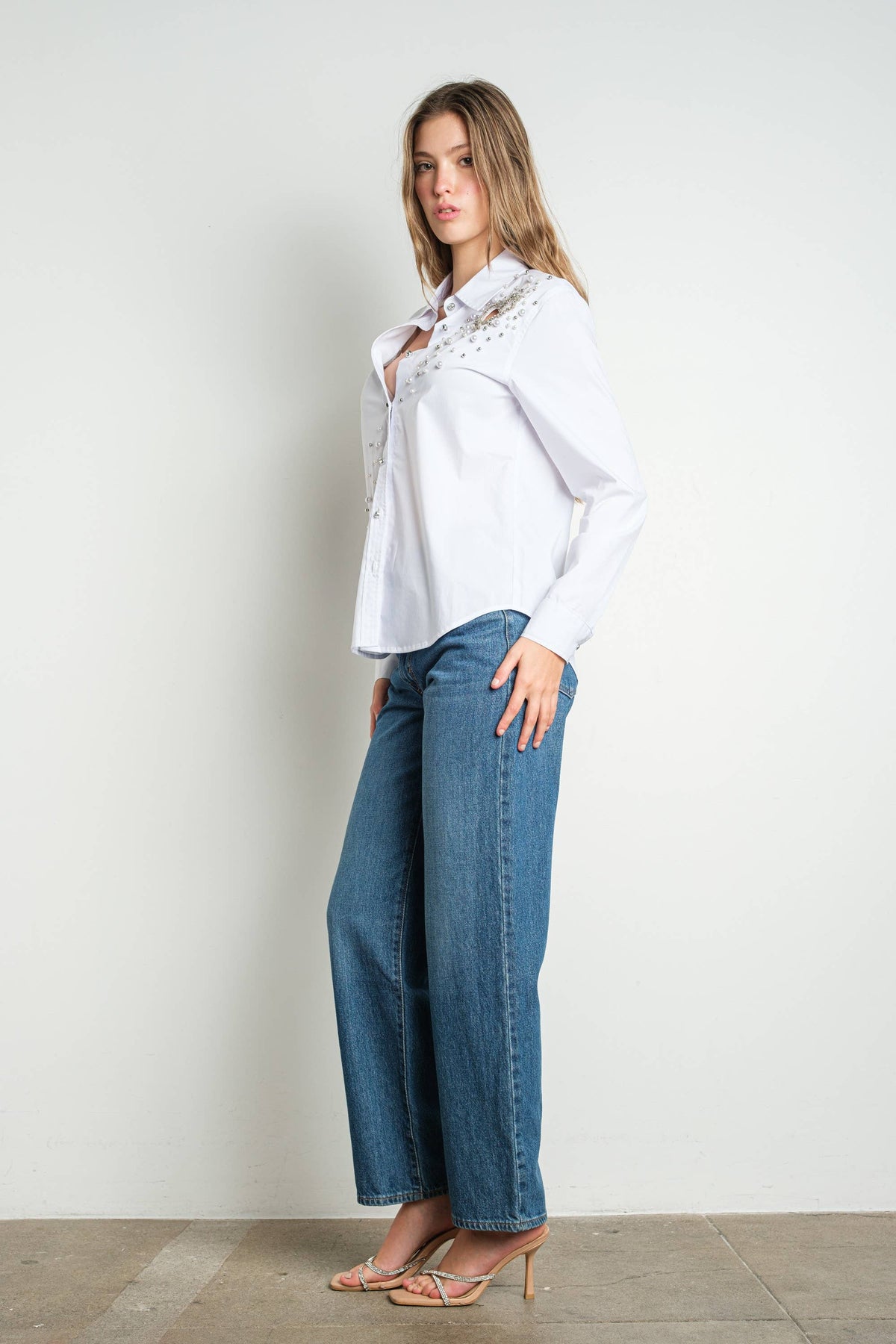 Heart Cut Out Embellished Button Down Shirt