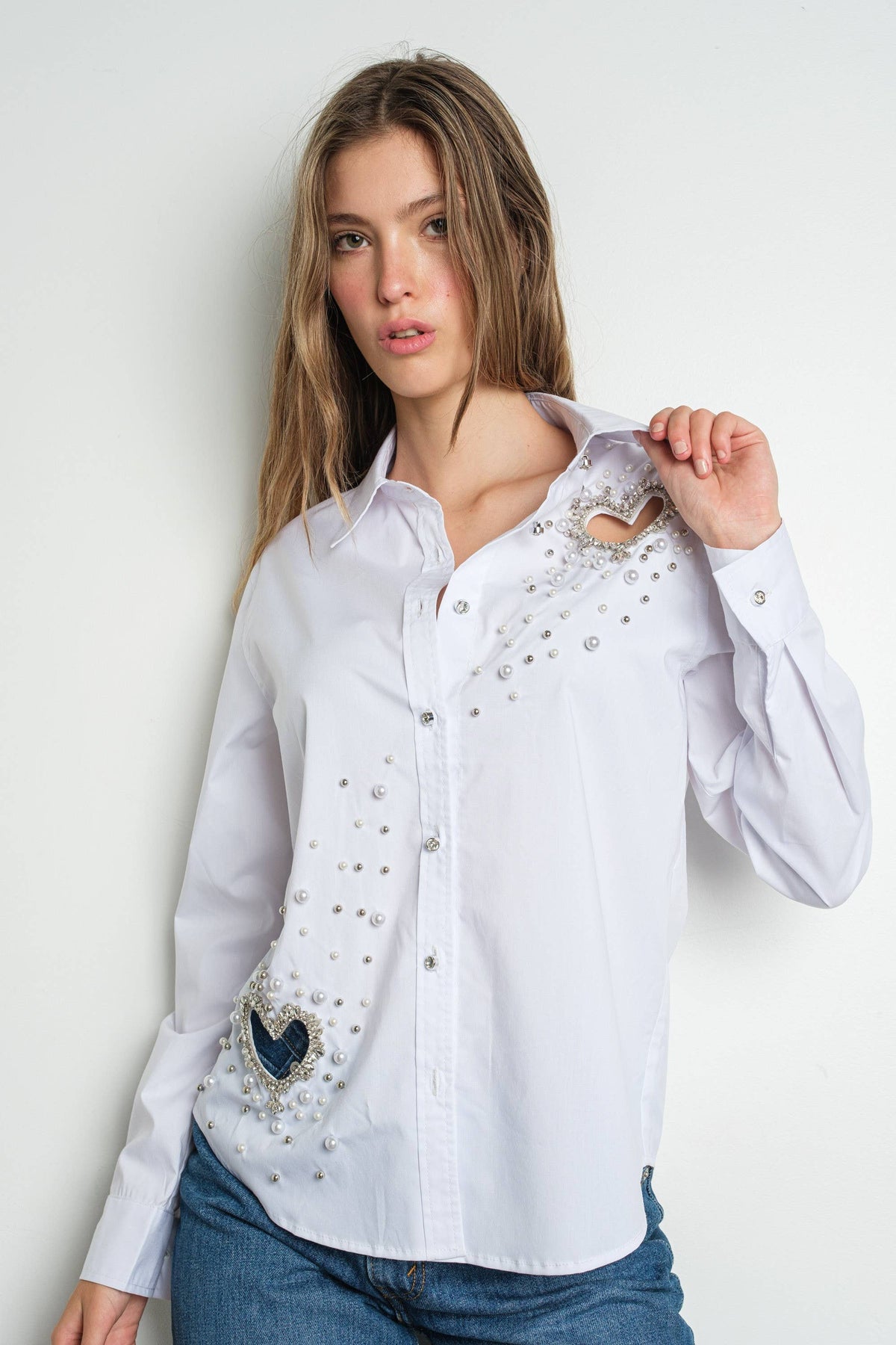 Heart Cut Out Embellished Button Down Shirt