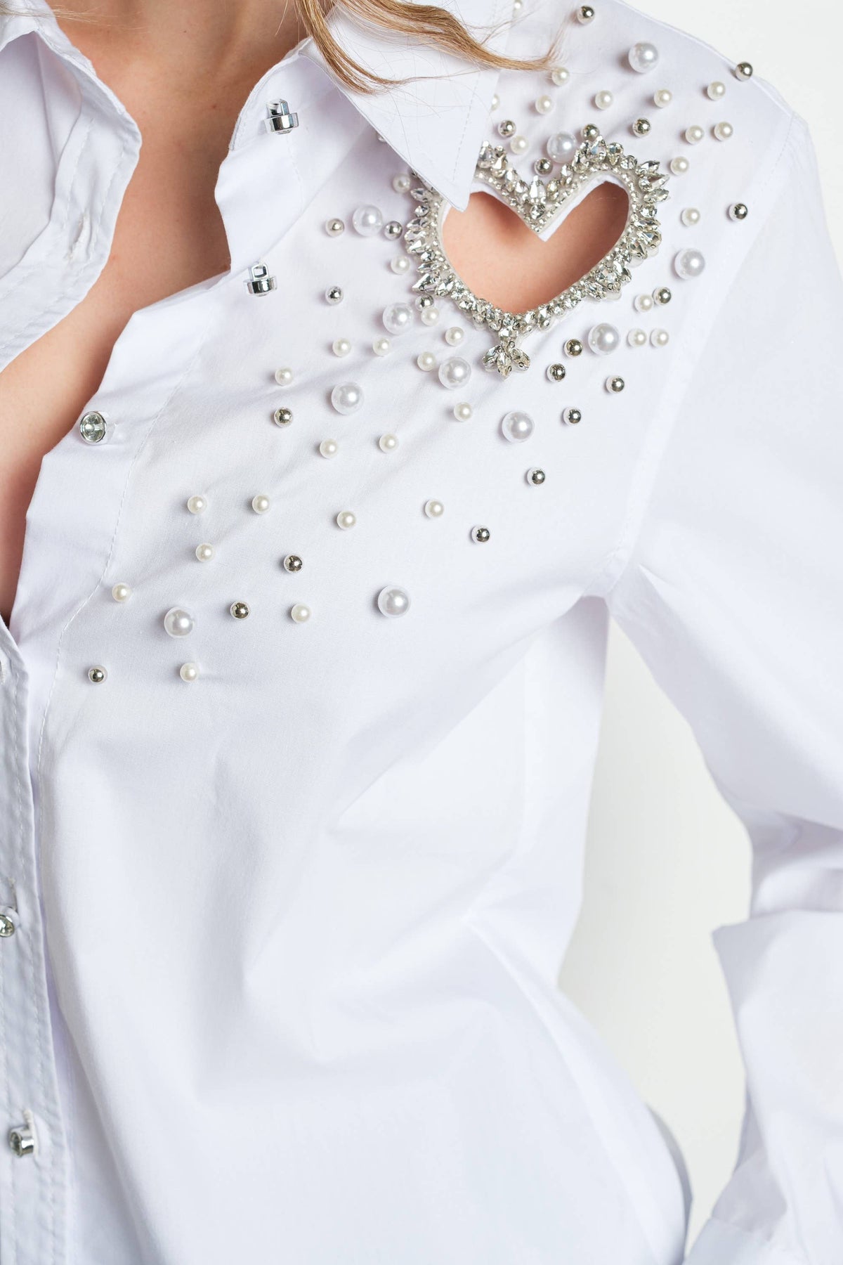 Heart Cut Out Embellished Button Down Shirt